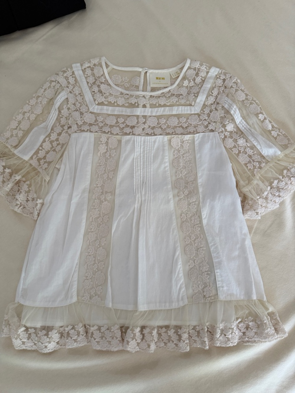 Maeve White & Cream Lace-Trim Peasant Blouse